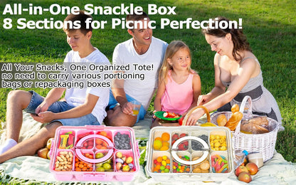 KIGITIONE Snackle Box, Pink 8 Compartments Portable Serving Tray, Divided Snackle Box Container with Lid and Handle, Snack Organizer for Fruits, Snacks, Nuts, Candy, Ideal for Party, Travel & Picnics