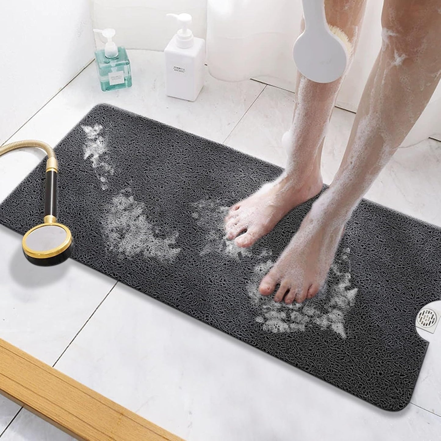 HITSLAM Shower Mat Non Slip, 24 x 16 Inch Bathtub Mat Non Slip with Drain, Soft PVC Loofah Bath Mat for Tub, Quick Drying Bathroom Shower Mat, Grey