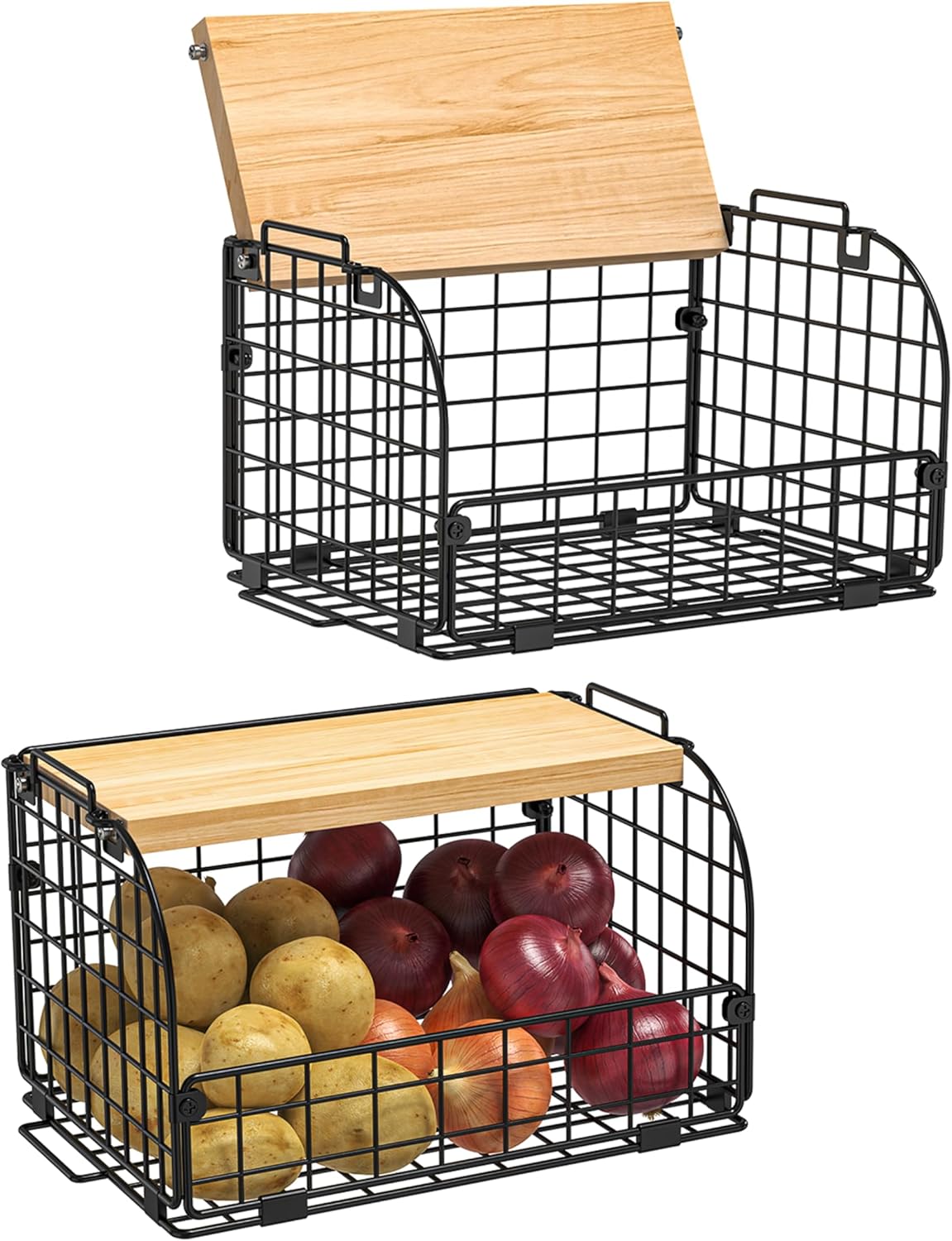 Joben Oligey 2-Set Stackable Wire Basket with Openable Bamboo Top – Kitchen, Pantry & Cabinet Organizer for Fruits, Vegetables, Snacks, Bread, and Household Storage, Black - PuriLite