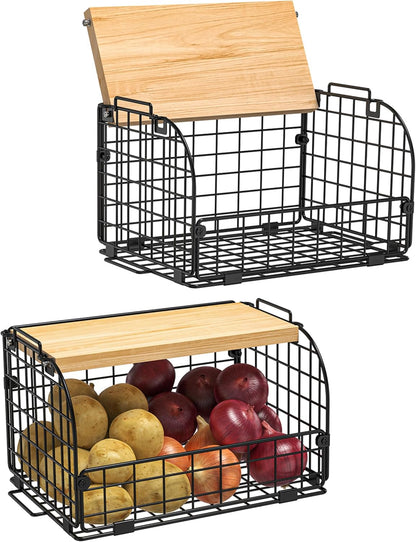 Joben Oligey 2-Set Stackable Wire Basket with Openable Bamboo Top – Kitchen, Pantry & Cabinet Organizer for Fruits, Vegetables, Snacks, Bread, and Household Storage, Black - PuriLite