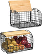 Joben Oligey 2-Set Stackable Wire Basket with Openable Bamboo Top – Kitchen, Pantry & Cabinet Organizer for Fruits, Vegetables, Snacks, Bread, and Household Storage, Black - PuriLite