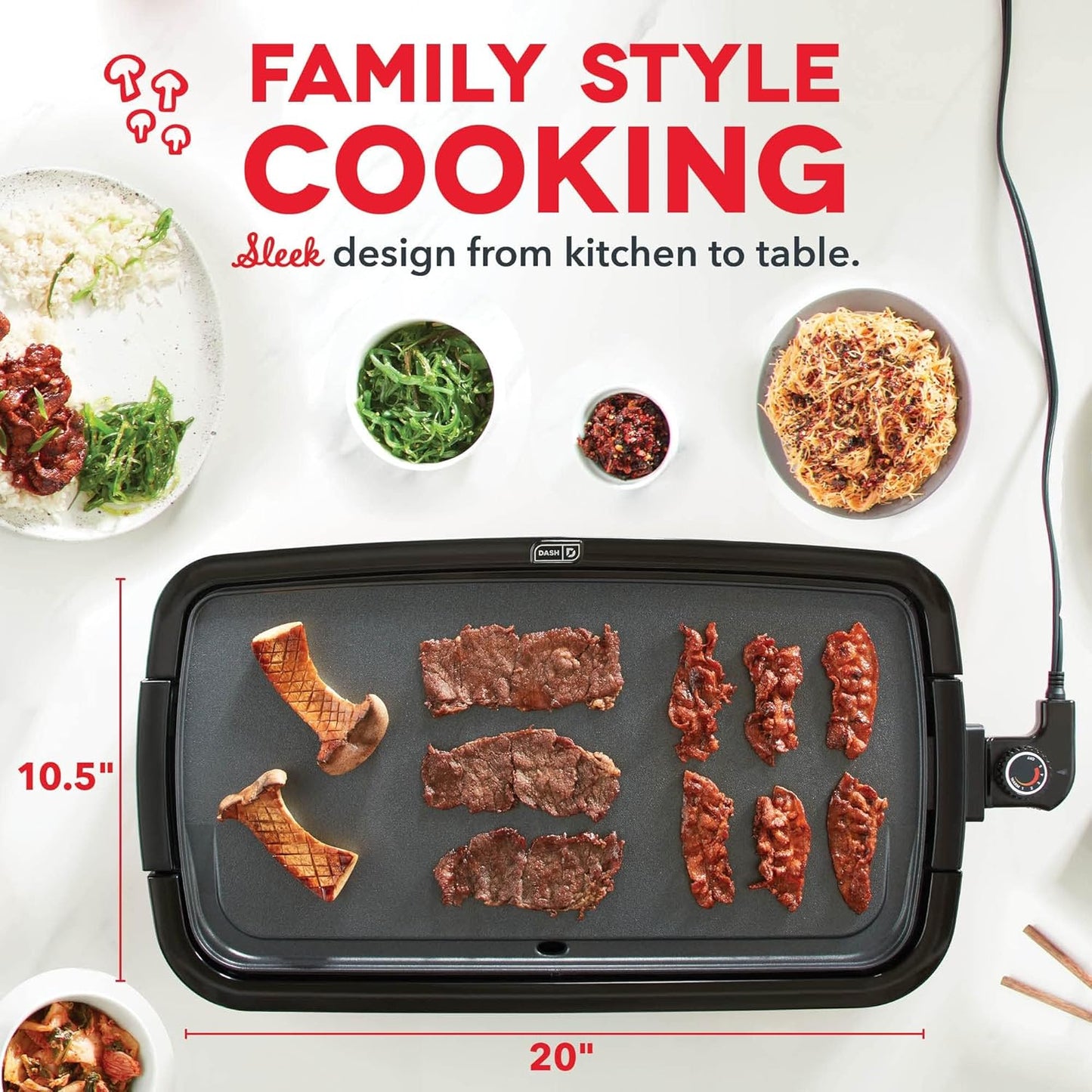 DASH Deluxe Everyday Electric Griddle with Dishwasher Safe Removable Nonstick Cooking Plate for Pancakes, Burgers, Eggs and more, Includes Drip Tray + Recipe Book, 20” x 10.5”, 1500-Watt - Red