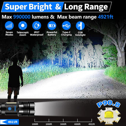 Rechargeable Flashlight 990000 High Lumens, Powerful Led Tactical Flashlights with Zoomable, 7 Modes & COB Lights, IPX7 Waterproof, Brightest Flash Lights for Camping, Emergencies, Dog Walking