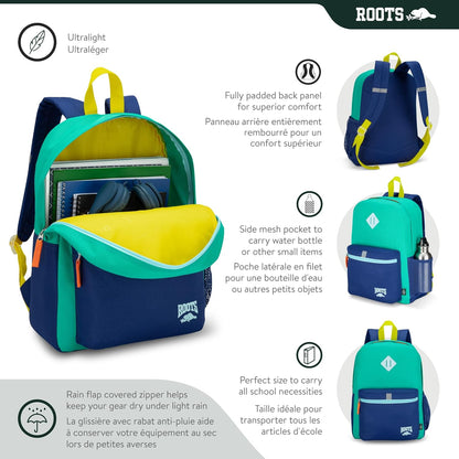 Roots Kids Lightweight Backpack — Made from 100% Recycled Fabrics with Rain Flap, Bottle Pocket, Reflective Accent, and Back Padding — 22.5 litres, Pink & Purple