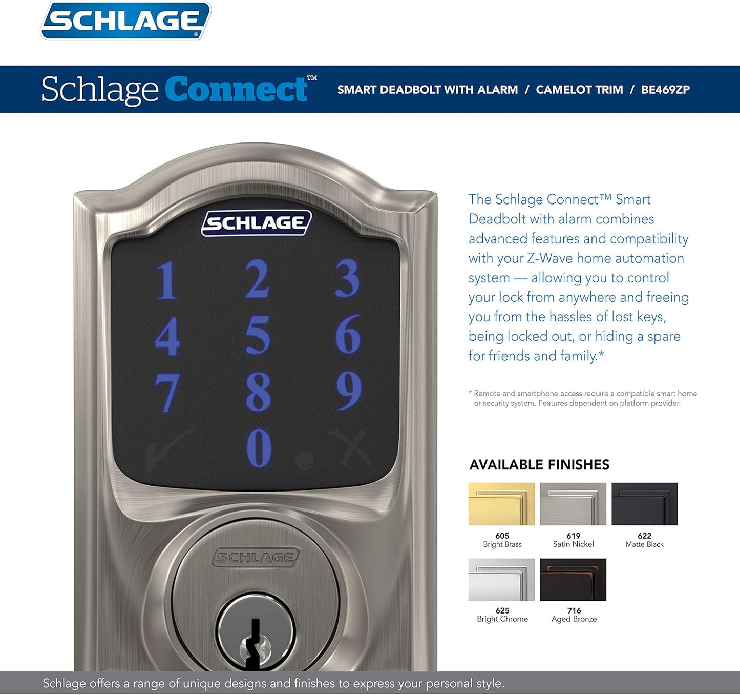 Schlage BE469ZP CAM 622 Connect Smart Deadbolt with Alarm with Camelot Trim in Matte Black, Z-Wave Plus Enabled