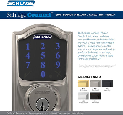 Schlage BE469ZP CAM 622 Connect Smart Deadbolt with Alarm with Camelot Trim in Matte Black, Z-Wave Plus Enabled