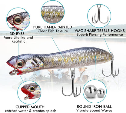 TRUSCEND PoPobait with BKK Hooks, Top Water Plopper Fishing Lures for Bass Walleye Pike Catfish Musky Perch, Floating Lure for Freshwater or Saltwater, Amazing Teasers Fishing Gifts for Family Fishing