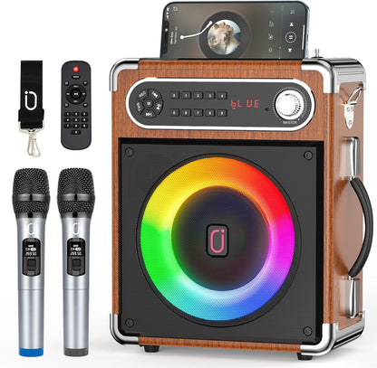 JYX Karaoke Machine with Two Wireless Microphones, Portable Bluetooth Speaker with Bass/Treble Adjustment, Remote Control and LED Lights, Supports TF Card/USB, AUX in, FM, REC for Party