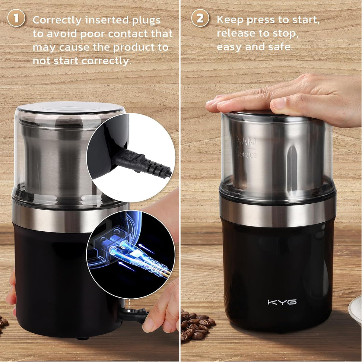 KYG Electric Coffee Grinder, 2 Removable Bowls, Black