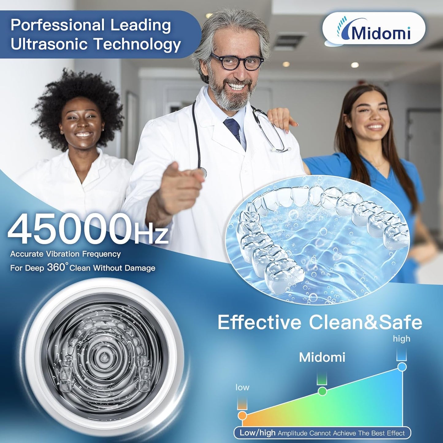 Midomi 45kHz Retainer Denture Cleaner Machine, Upgraded Jewelry Cleaner, 5min and 10min Timer with Rechargable Top Cover, 200ml Dental Cleaning Pod, MouthGuard Cleaner for Aligner NightGuard