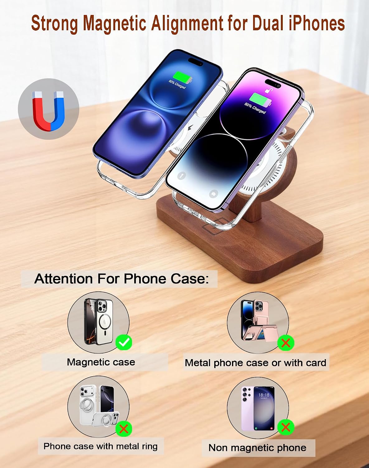 Magnetic Dual Wireless Charger for Smart Phone Multiple Devices, Two Phone Charging Station & Smart Watch