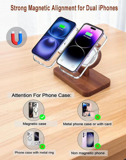 Magnetic Dual Wireless Charger for Smart Phone Multiple Devices, Two Phone Charging Station & Smart Watch