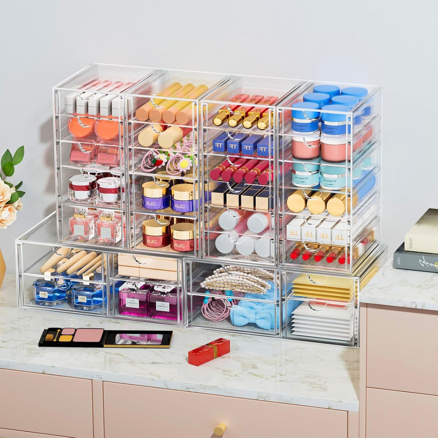 2 Pack Desk Organizers, Makeup Organizer Storage With 7 Drawers, Desktop Office Supplies, Clear Desk Accessories, Dustproof Drawer Organizer and Storage for Make Up, Jewelry, Pen, Desktop Stationary