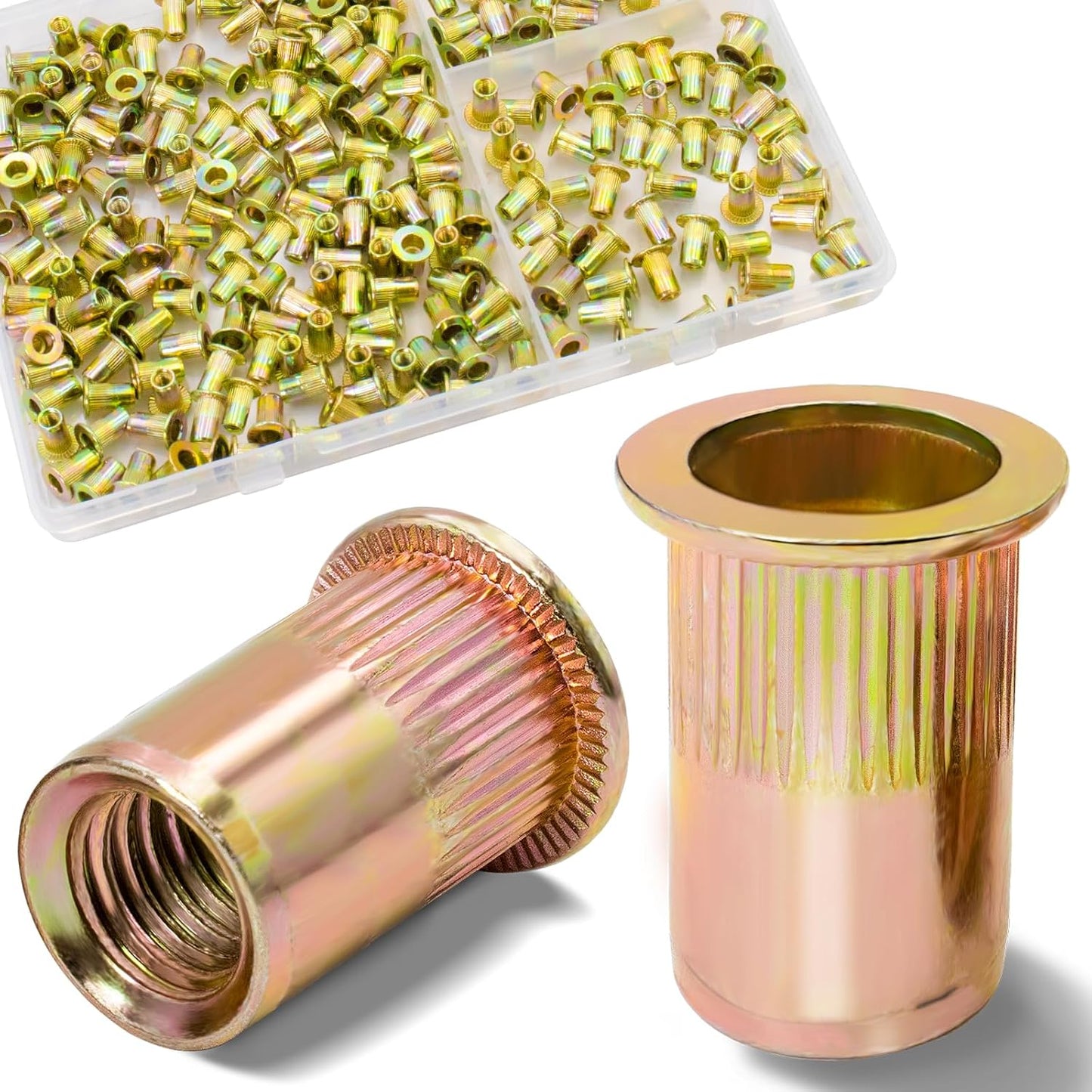Vifmy Metric & SAE Rivet Nut Assortment Kit(420 Pcs),m3 m4 m5 m6 m8 m10 m12#6-32#8-32#10-24 1/4"-20 5/16"-18 3/8"-16 UNC Flat Head Rivnut Set,Zinc Plated Finish Carbon Steel Nutsert