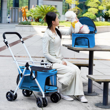 Double Pet Stroller with Detachable Carrier for Medium Small Dogs and Cats, Foldable 3-in-1 Cat Stroller with 4 Wheels Lightweight for 2 Dogs or Cats Light Blue