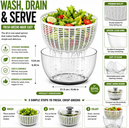 3.6L Salad Spinner – Manual Vegetable & Lettuce Dryer, Plastic Colander Bowl with Quick Spin Drain System – Kitchen Fruit & Veg Washer Dryer – 21 x 21 x 13 cm, 750g