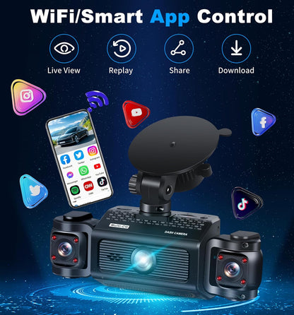 3 Channel Dash Cam WiFi FHD 2K Car Camera with 64GB Card, WIZACE 270° Front Dash Camera Front and Inside Left Right for Cars, Mini Dashcams with Night Vision,Loop Recording,WDR,G-Sensor, APP