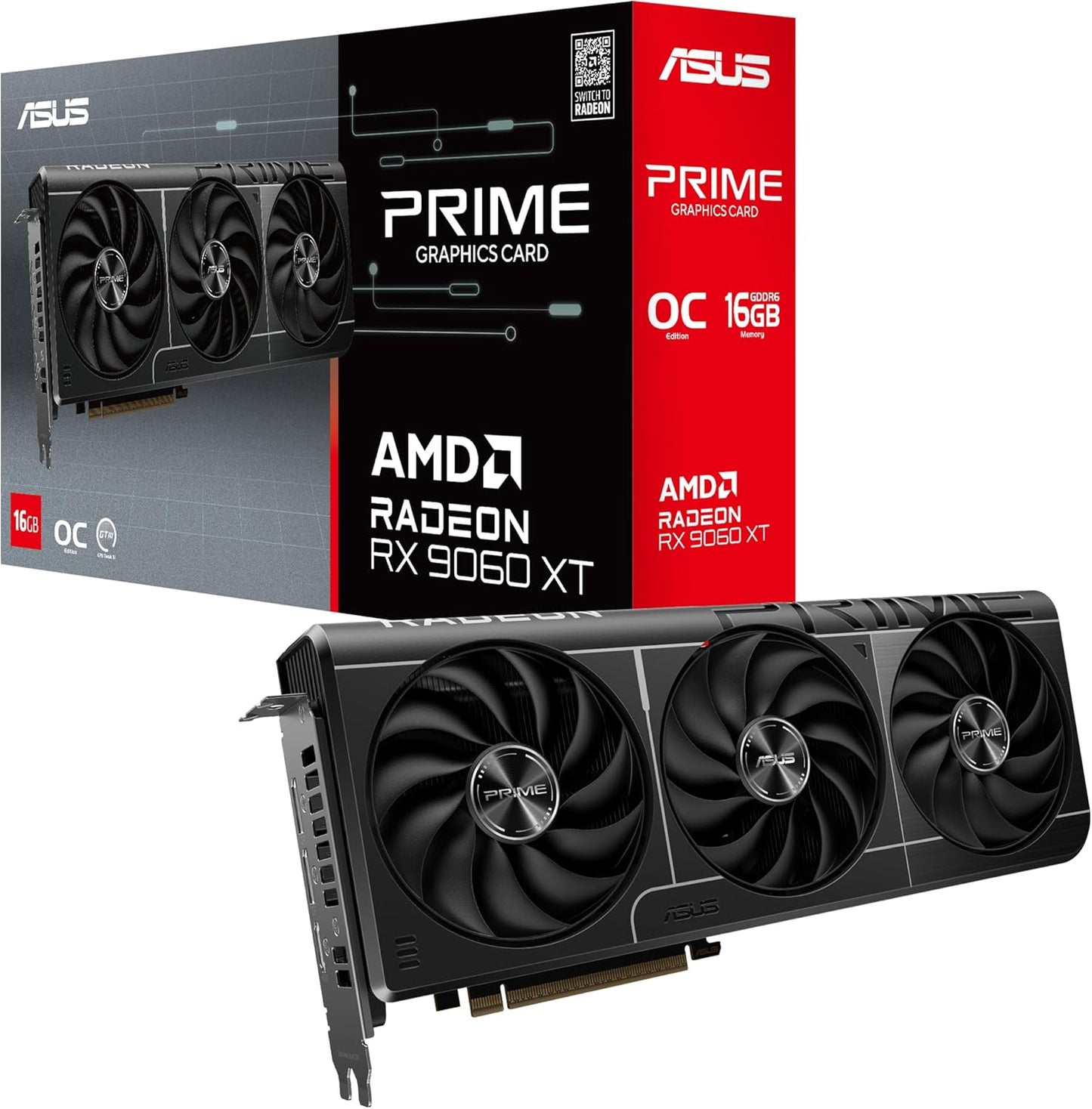 ASUS Prime Radeon™ RX 9060 XT 16GB GDDR6 OC Edition Graphics Card (PCIe 5.0, HDMI/DP 2.1, 2.5-Slot Design, axial-tech Fans, Dual Ball Fan Bearings, Dual BIOS, ASUS GPU Guard)