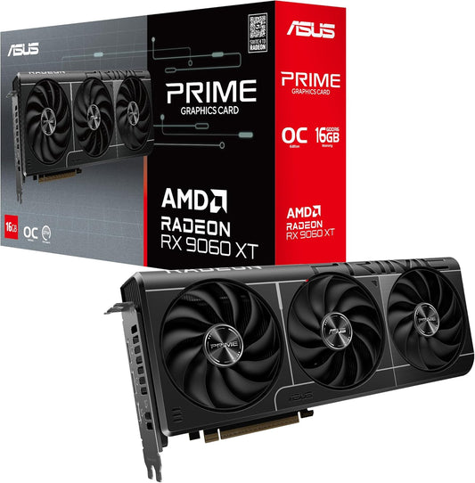 ASUS Prime Radeon™ RX 9060 XT 16GB GDDR6 OC Edition Graphics Card (PCIe 5.0, HDMI/DP 2.1, 2.5-Slot Design, axial-tech Fans, Dual Ball Fan Bearings, Dual BIOS, ASUS GPU Guard)