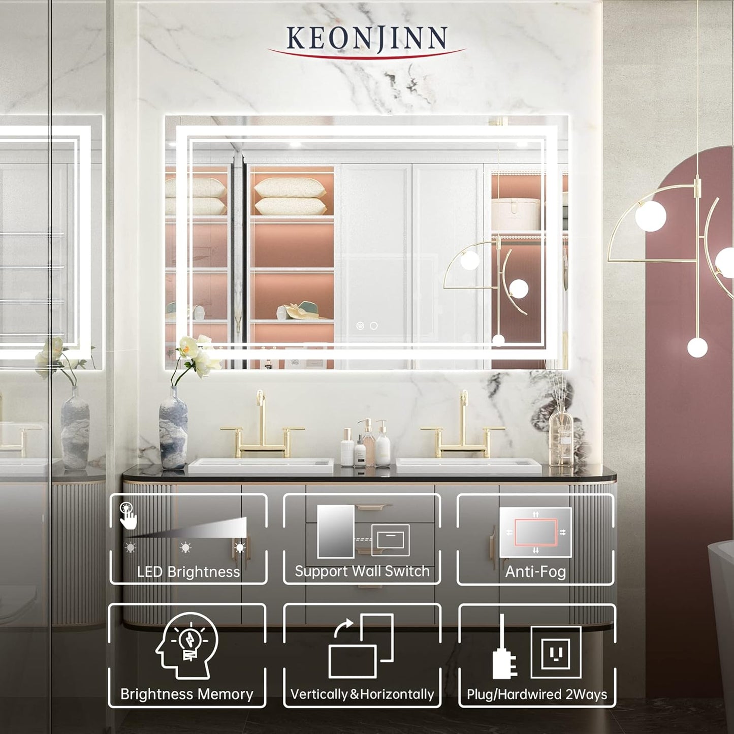 Keonjinn 40 x 24 Inch LED Mirror, Bathroom Mirror with Lights, LED Vanity Mirror, Wall Mounted Anti-Fog Dimmable Lighted Makeup Mirror for Bedroom, IP54 Waterproof (Horizontal/Vertical)