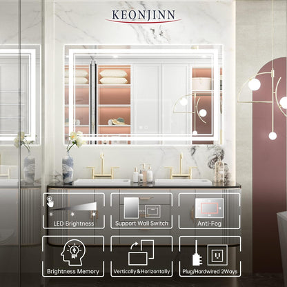 Keonjinn 40 x 24 Inch LED Mirror, Bathroom Mirror with Lights, LED Vanity Mirror, Wall Mounted Anti-Fog Dimmable Lighted Makeup Mirror for Bedroom, IP54 Waterproof (Horizontal/Vertical)