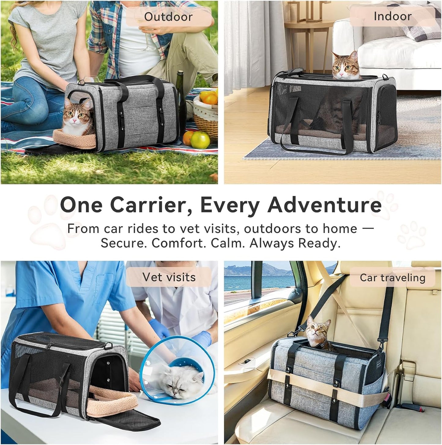 Petsfit Pet Carrier Airline Approved, Soft-Sided Cat Carrier with Patented Car Buckle, Lightweight and Collapsible with Adjustable Shoulder Strap, Soft Cushion,Green