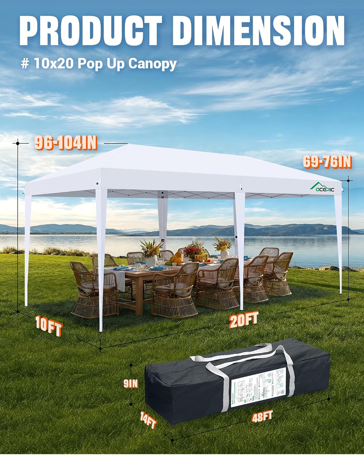 Acepic 10x20 Pop Up Canopy with 6 Removable Sidewalls, White, 10x20