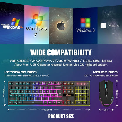 RedThunder K10 Wireless Gaming Keyboard and Mouse Combo, LED Backlit Rechargeable 3800mAh Battery, Mechanical Feel Anti-ghosting Keyboard + 7D 3200DPI Mice for PC Gamer (Black)