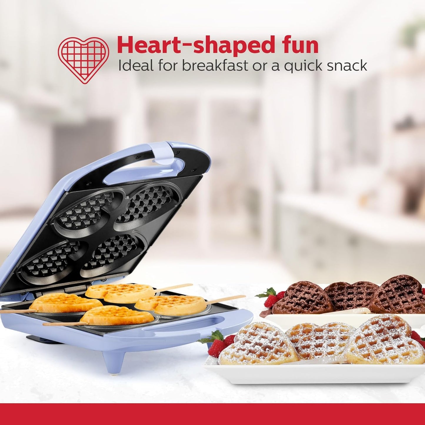 Holstein Housewares - Non-Stick Heart Waffle Maker, Lavender - Makes 4 Heart-Shaped Waffles in Minutes