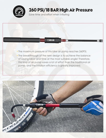 Tiakia Mini Bike Pump Portable Bicycle Pump Compact High Pressure Frame Pump 260PSI- Air Hand Pump Fit Presta, Schrader & Woods Valves,Aluminum Alloy Durable Tire Pump for Road/Mountain/BMX Bikes