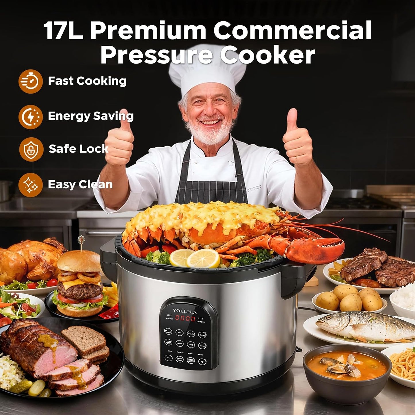 17.8QT Commercial Electric Pressure Cooker stainless steel Pressure Cooker | 24-hour Presetting |12 in 1 slow cooker with temperature control | LED Multifunction Steamer, Food Warmer with nonstick pot