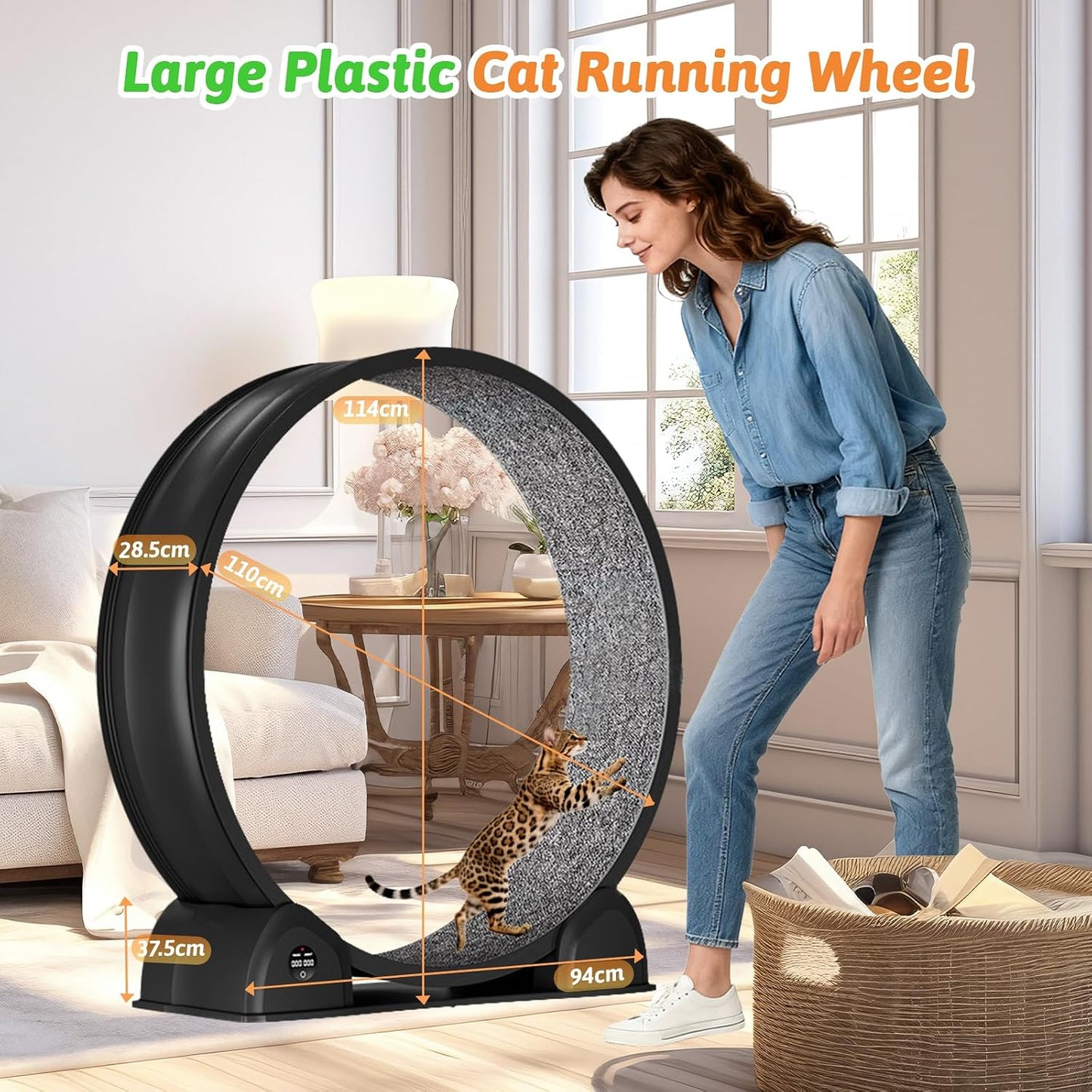 Cat Exercise Wheel with Pedometer, 44" Large Cat Running Treadmill with Carpeted Runway for Indoor Cats Up to 30 lbs, Small Animal Health & Fitness (No Electronics) (Black-Gray Carpet)