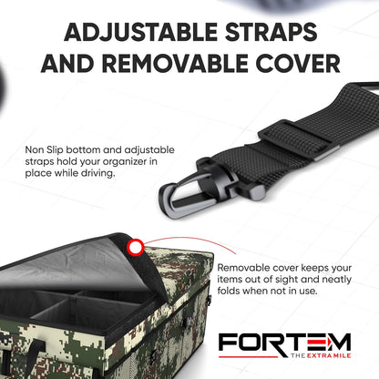 FORTEM Car Trunk Organizer, Collapsible Multi Compartment Car Organizer, Foldable SUV Storage for Car Accessories for Women Men, Non Slip Bottom, Securing Straps, Soft Cover 50L (Black, Standard)