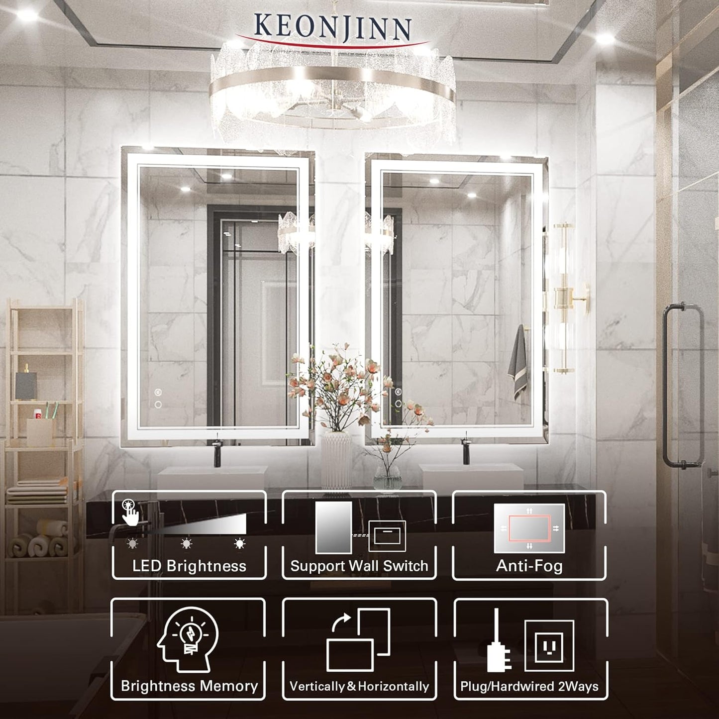 Keonjinn 40 x 24 Inch LED Mirror, Bathroom Mirror with Lights, LED Vanity Mirror, Wall Mounted Anti-Fog Dimmable Lighted Makeup Mirror for Bedroom, IP54 Waterproof (Horizontal/Vertical)