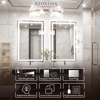 Keonjinn 40 x 24 Inch LED Mirror, Bathroom Mirror with Lights, LED Vanity Mirror, Wall Mounted Anti-Fog Dimmable Lighted Makeup Mirror for Bedroom, IP54 Waterproof (Horizontal/Vertical)