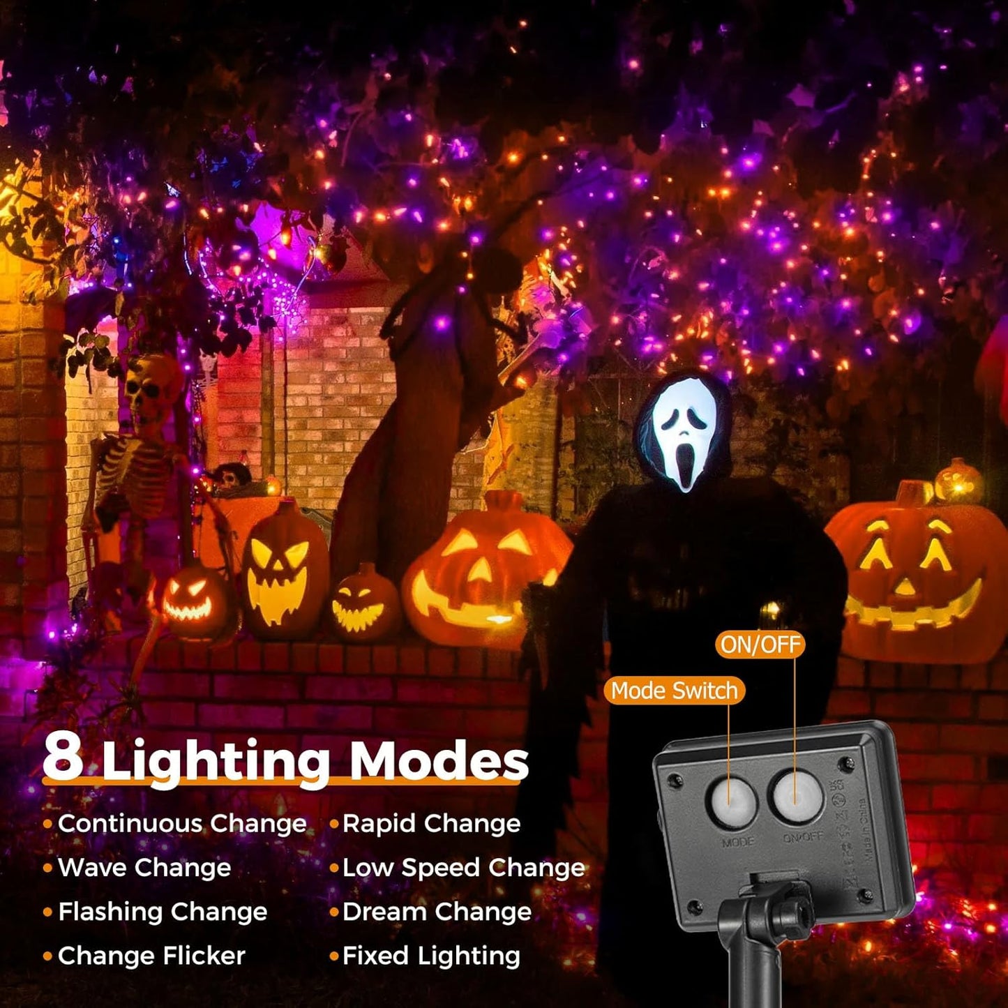 btfarm 2 Pack Solar Halloween Lights, Total 300LED 110FT Orange Purple Solar String Lights Outdoor Waterproof, 8 Modes Fairy Twinkle Lights Outdoor for Tree Yard Garden Party Halloween Decorations
