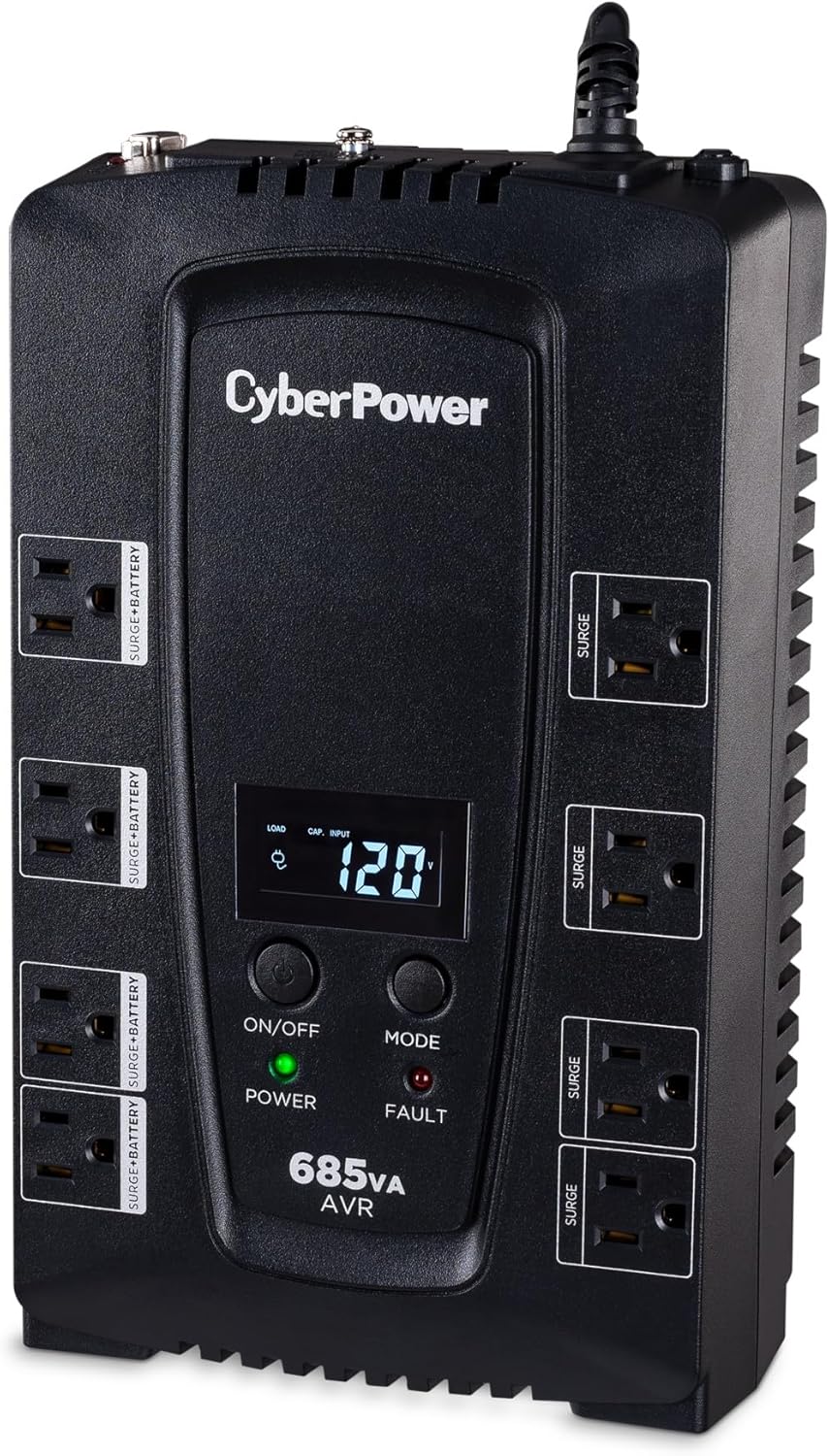 CyberPower CP825AVRLCD Intelligent LCD UPS System, 825VA/450W, 8 Outlets, AVR, Compact