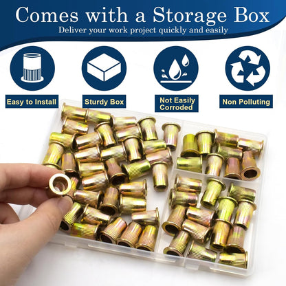 Vifmy Metric & SAE Rivet Nut Assortment Kit(420 Pcs),m3 m4 m5 m6 m8 m10 m12#6-32#8-32#10-24 1/4"-20 5/16"-18 3/8"-16 UNC Flat Head Rivnut Set,Zinc Plated Finish Carbon Steel Nutsert