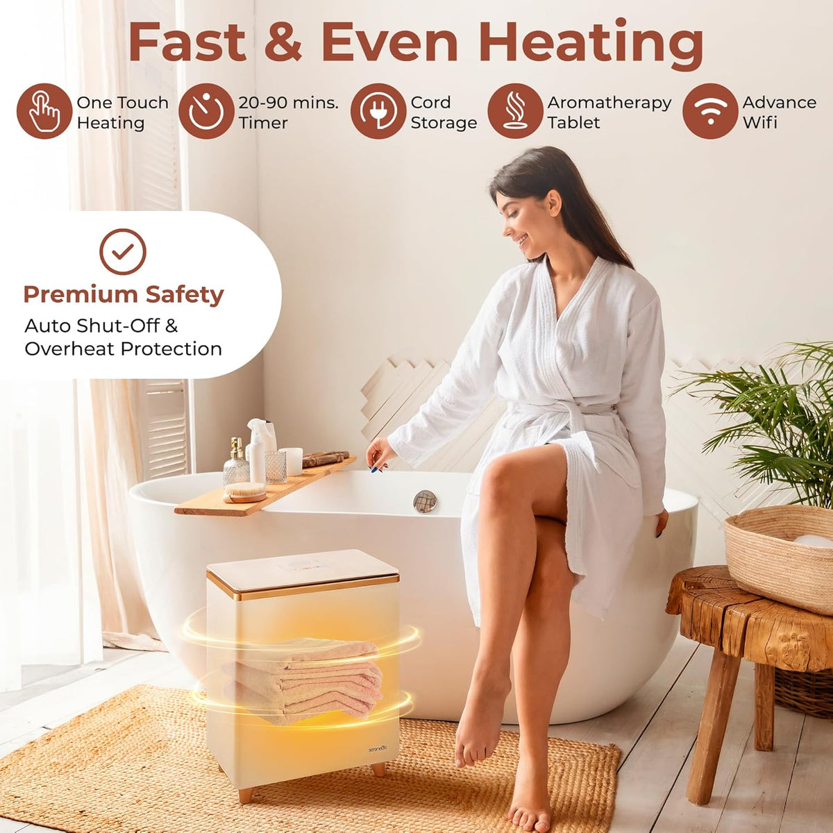 SereneLife Towel Warmer Bucket – Large Capacity WiFi Towel & Blanket Heater, Holds 2 Large Towels, PJ’s & Robes, Single-Touch Control, Auto Shut-Off (Gold) – Luxurious Winter Comfort