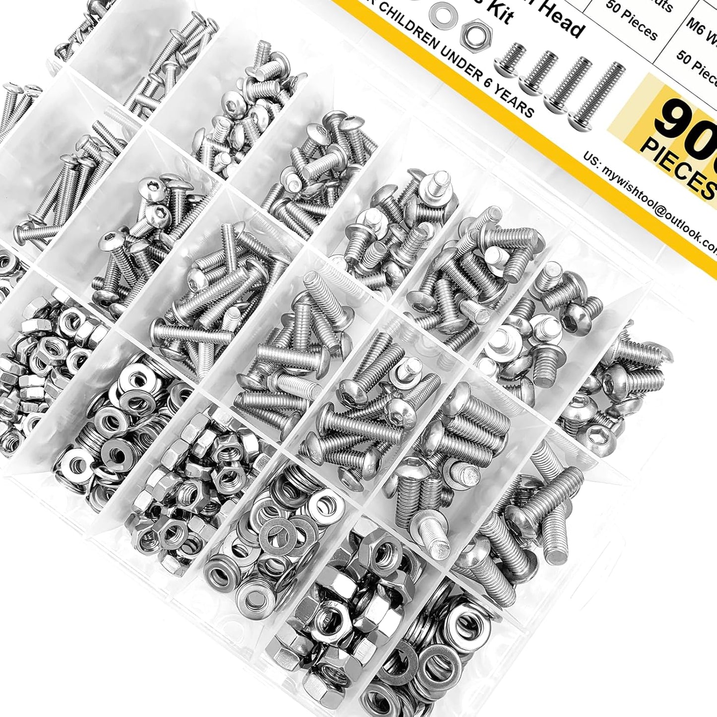 Mywish 900Pcs Metric Screw Assortment, M3 M4 M5 M6 Screw Assortment Kit 304 Stainless Steel Hex Socket Button Head Socket Cap Metric Screws Bolts & Flat Washers/Nuts/Hex Wrenches 16 Sizes 8MM to 20MM