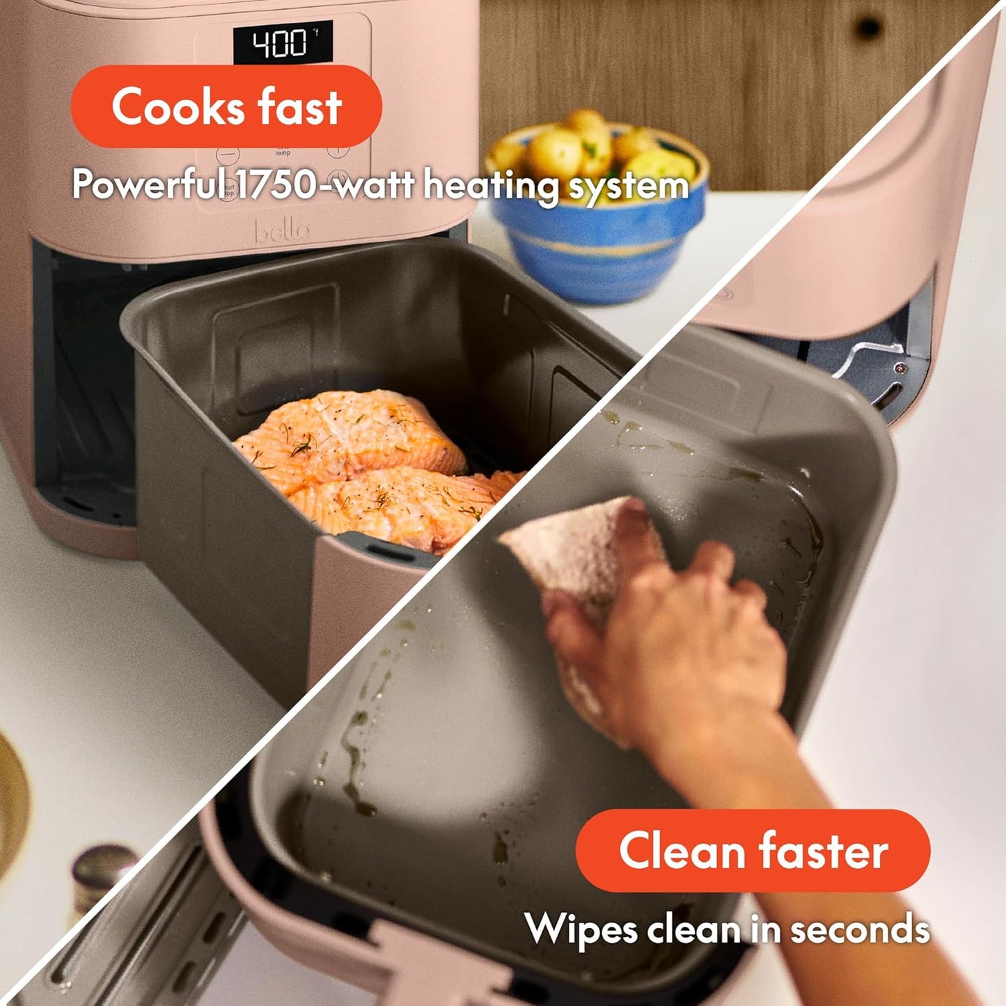 bella 4Qt Slim Air Fryer, Fits-anywhere Kitchenware, EverGood Ceramic Nonstick Coating, Adjustable Temperature, 6 Preset Cooking Options, 60 Min Auto Shutoff w Audible Tone, 3.3lb Capacity, Surf