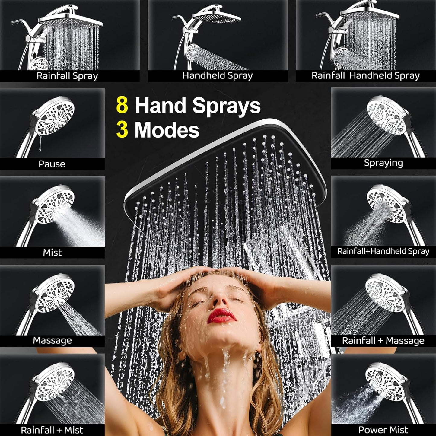 Rain Shower Head with Handheld High Pressure Rainfall Shower Heads with Handheld Spray Combo Adjustable one-piece Stand daul Shower Head Built-in Magnetic Docking and Power Jets（Sliver）