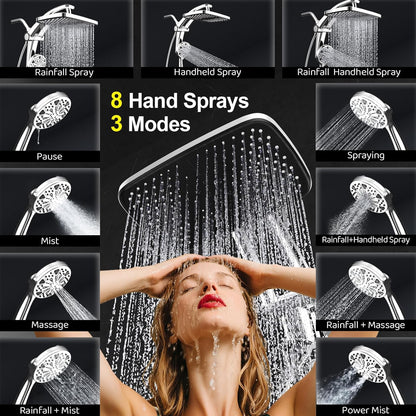 Rain Shower Head with Handheld High Pressure Rainfall Shower Heads with Handheld Spray Combo Adjustable one-piece Stand daul Shower Head Built-in Magnetic Docking and Power Jets（Sliver）