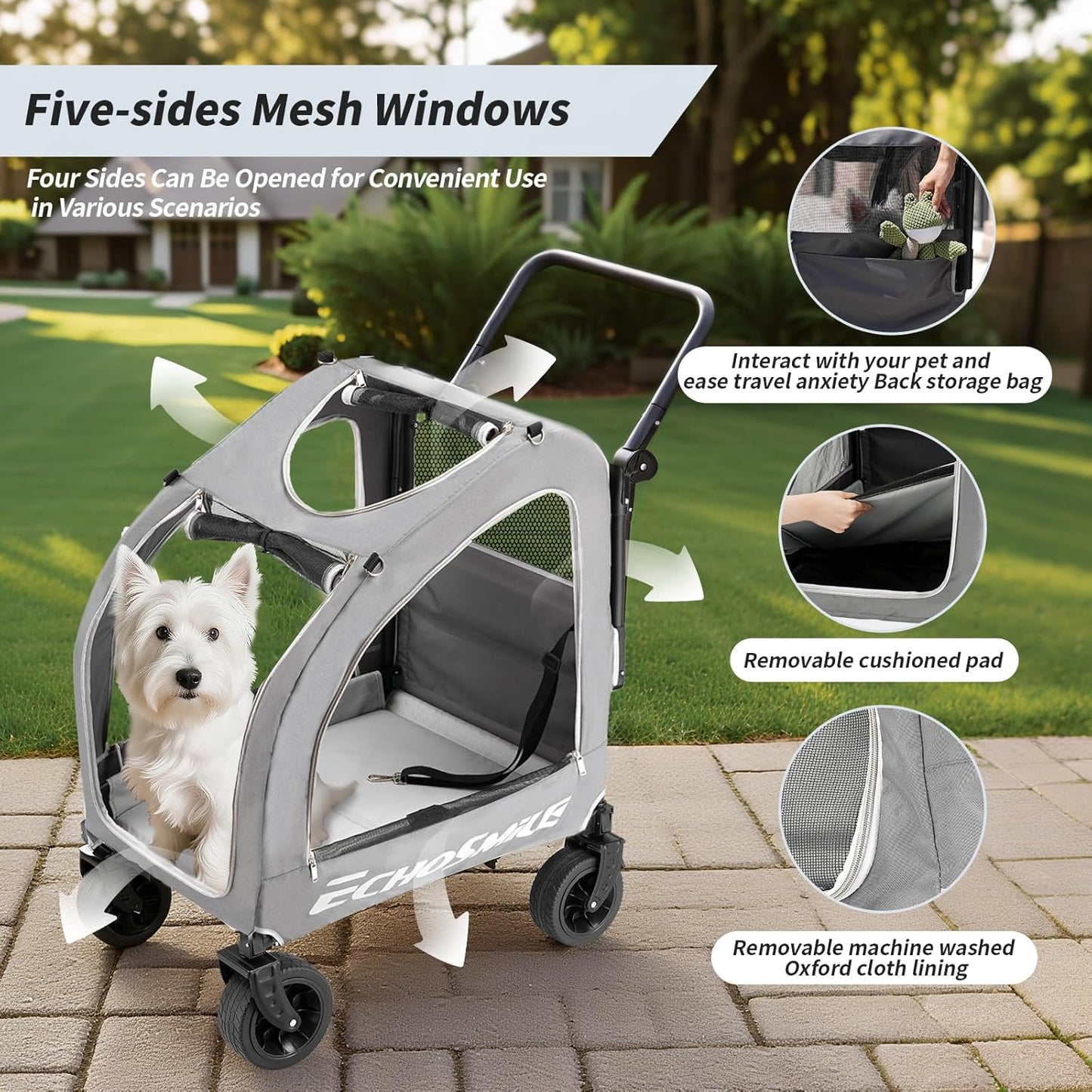 EchoSmile Dog Stroller for Small Medium Dogs Cats Up to 135 lbs, All-Terrain Pet Stroller with Dual Brakes, Car Safe Travel Puppy Carrier,Gray
