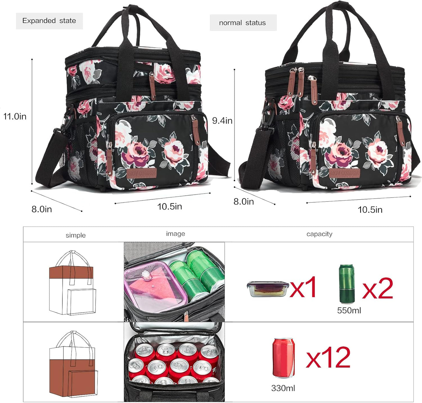 Lunch Bag Women Insulated Lunch Box for Work, Purple Expandable Large Lunch Bags, Leakproof Double Deck Lunch Box Cooler Bag（Purple）