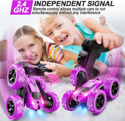 QUNREDA Remote Control Car for Kids Ages 6+, RC Cars Stunt Car Toy 4WD Double Sided 360° Rotating Remote Control with Headlights, Birthday Xmas Gifts for Boys 6 7 8 9 10 11 12 1-Blue