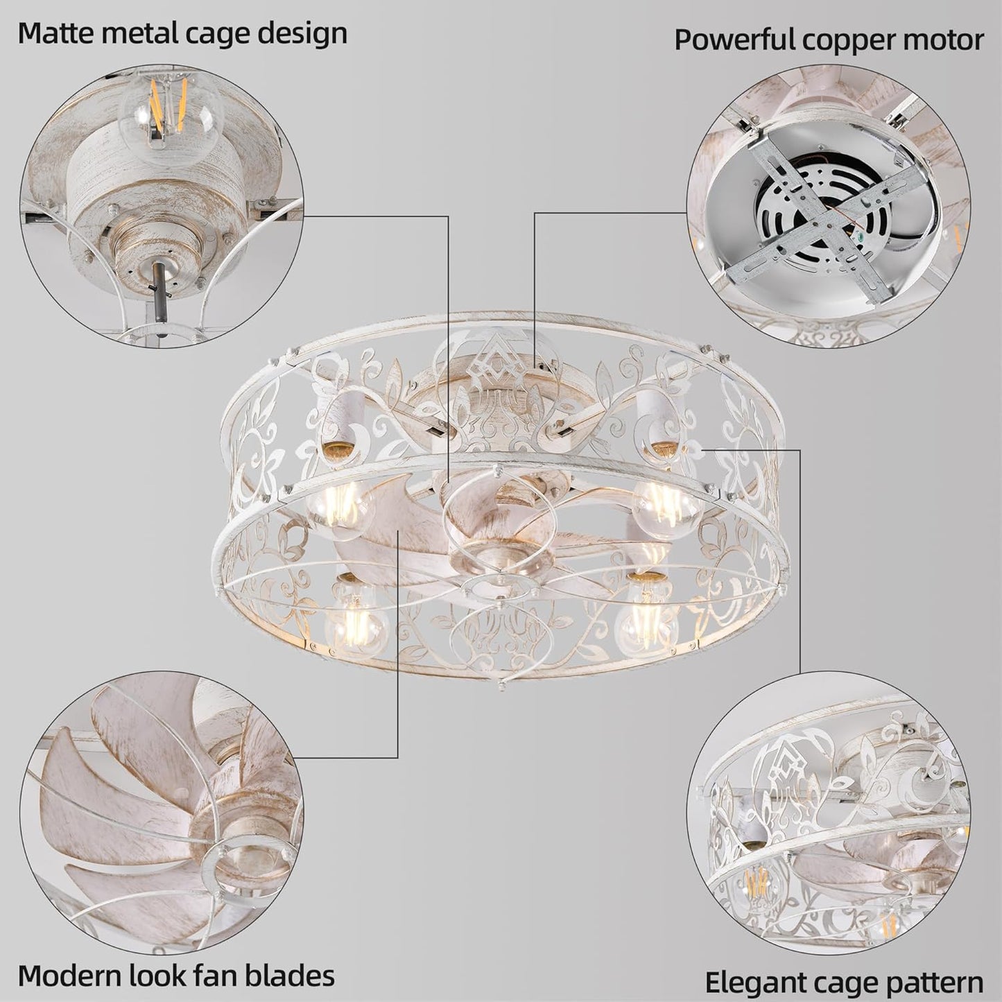 Garwarm Caged Low Profile Ceiling Fan with Lights and Remote, 20in Rustic Flush Mount Small Farmhouse Bladeless Ceiling Fan for Bedroom, Kitchen, Dining Room