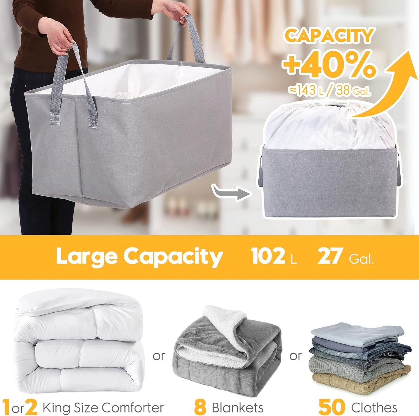 Hinwo 6-Pack Small Canvas Fabric Storage Baskets Set with Handles, Open Storage Bins, Cube Storage Organizer, Shelf Organizer Bins for Closet, 7.9L, 12 x 8 x 5 Inches, Grey Stripe