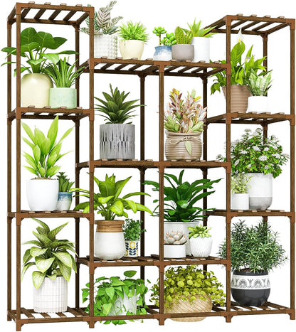 Bamworld Plant Stand Indoor Outdoor Hanging Plant Shelf for Multiple Plants Pots Wood Flower Stand Tall Large Flower Holder for Living Room, Patio, Balcony, Garden Decor, Brown