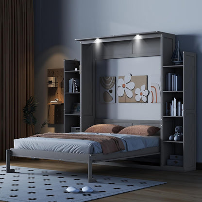 Merax Queen Size Murphy Bed with 2 Five-Layer Cabinet, Wall Bed with Shelves and Lights, Foldable Platform Bed Folded into Cabinet for Guest Room, Home and Office (Gray)